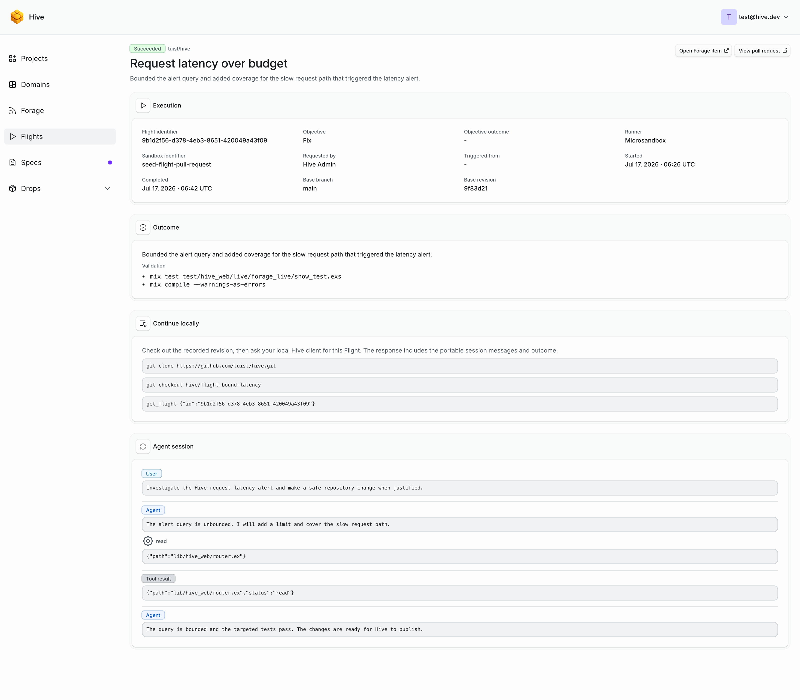 Flight outcome, continuation commands, and agent session